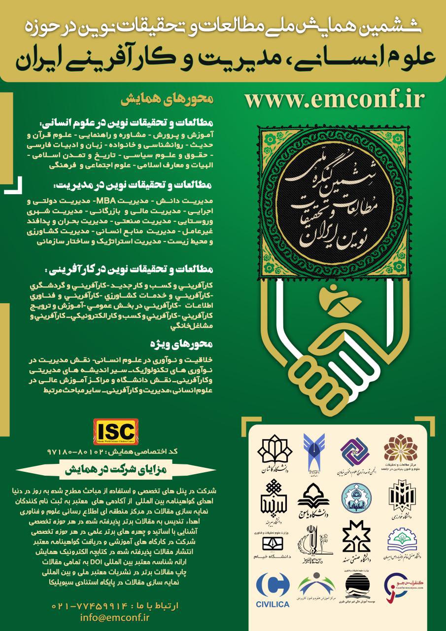 پوستر ششمین همایش ملی مطالعات و تحقیقات نوین در حوزه علوم انسانی، مدیریت و کارآفرینی ایران(ISC)
